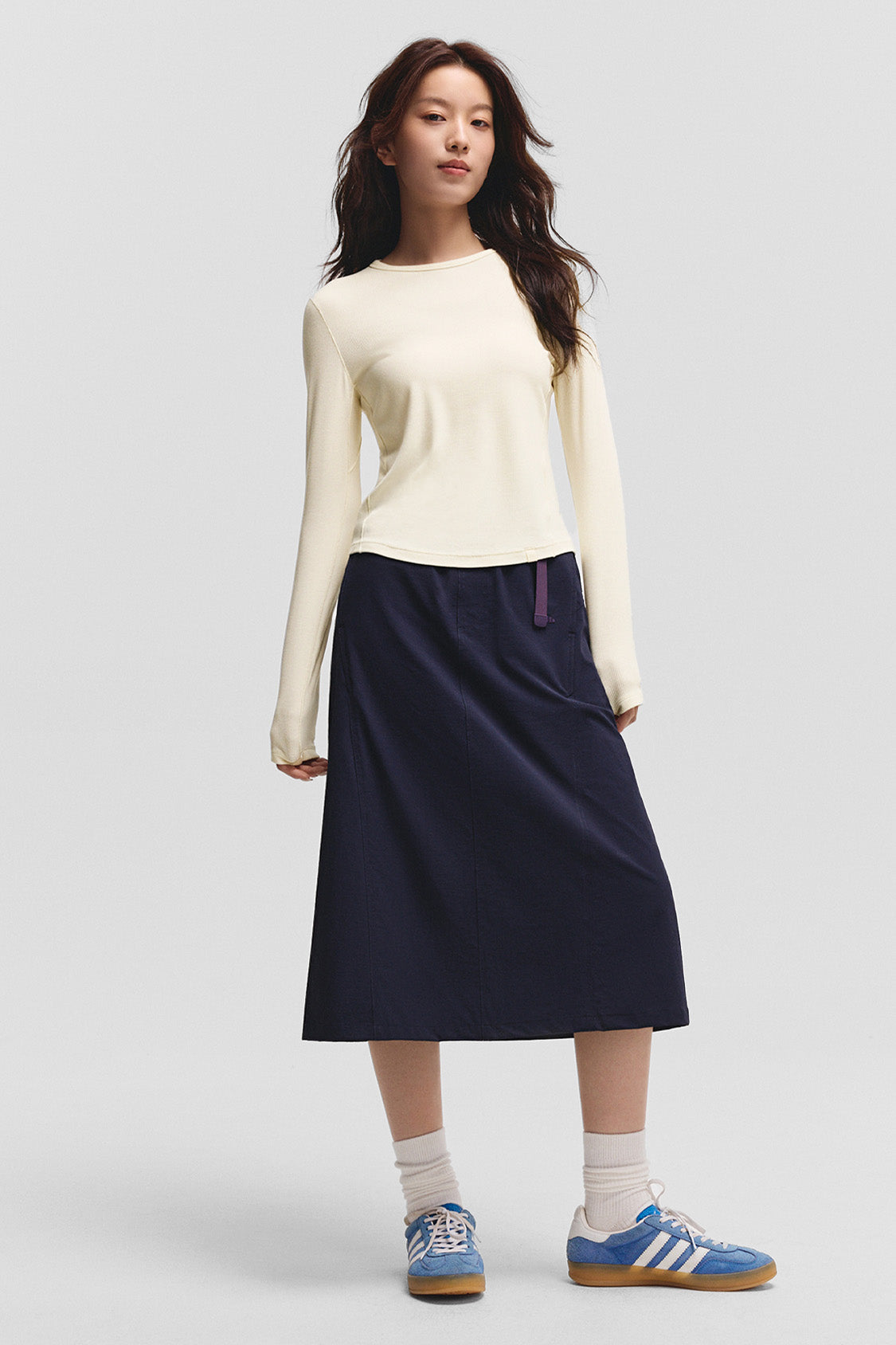 beneunder flexease womens lightweight ribbed base layer top crew neck#color_beige