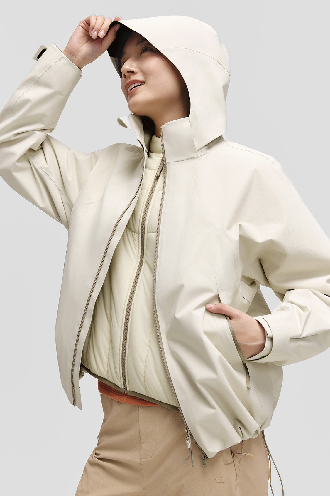 beneunder peakflex – women’s stretch insulated shell jacket (removable hood, warm liner) #color_beige