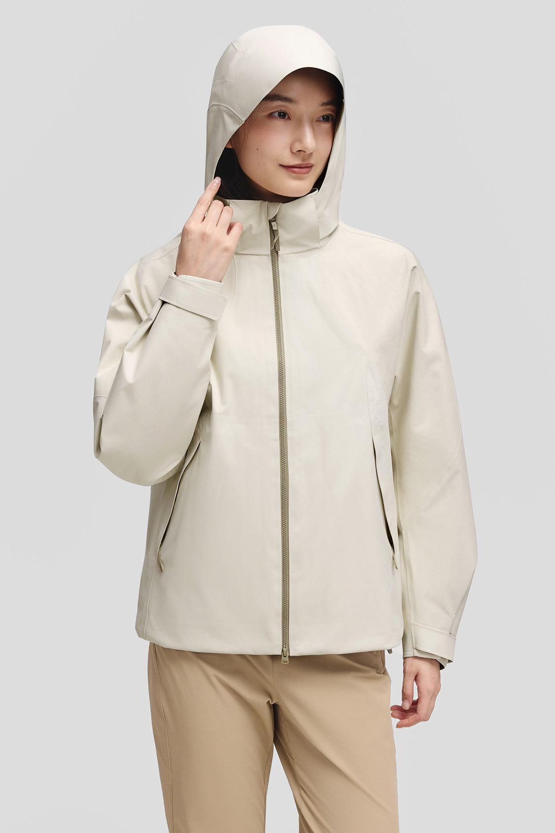 beneunder peakflex – women’s stretch insulated shell jacket (removable hood, warm liner) #color_beige