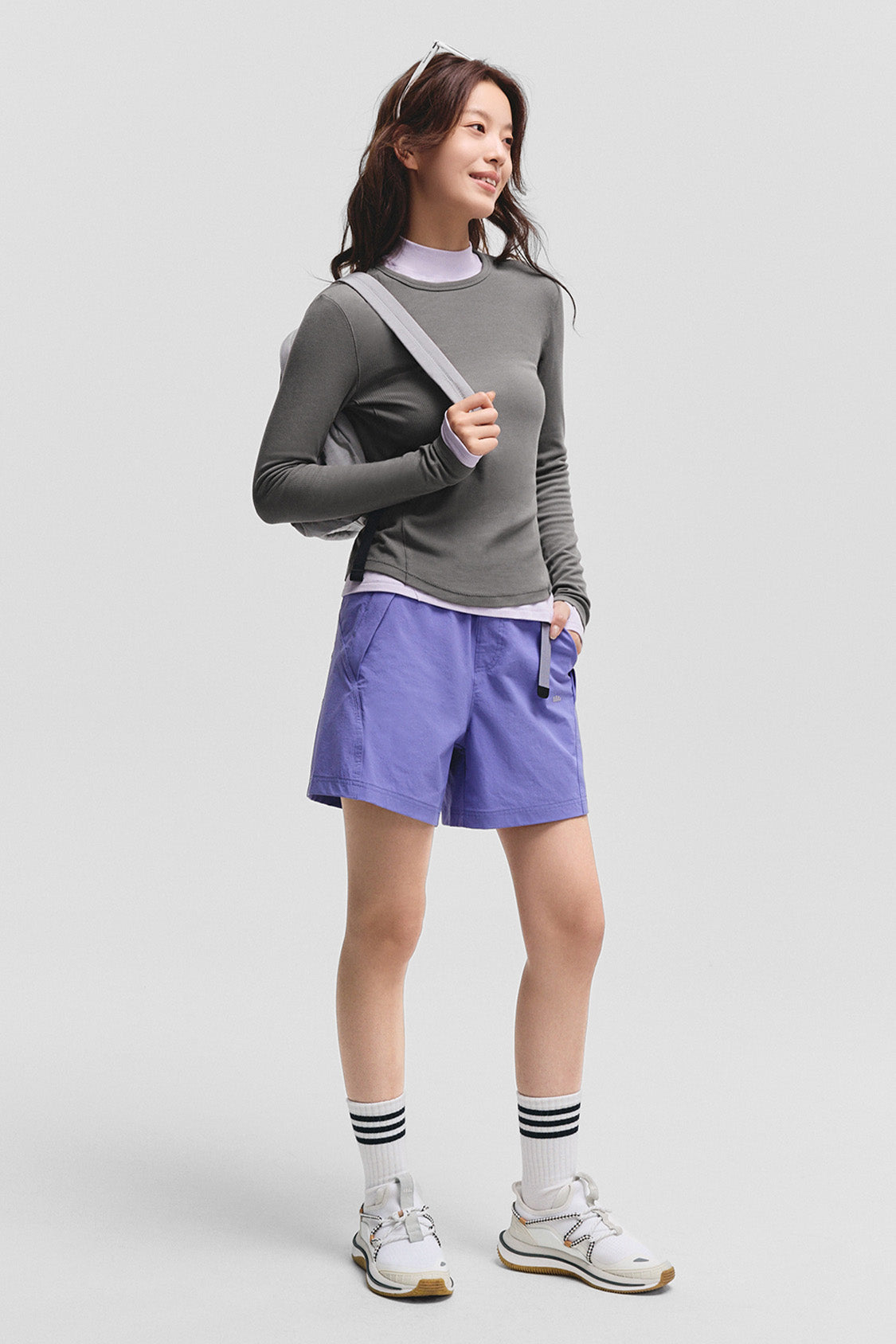 beneunder flexease womens lightweight ribbed base layer top crew neck#color_gray