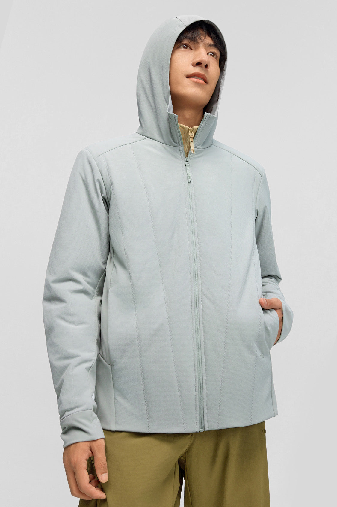 beneunder hoodflex mens medium warmth hooded stretch fleece vest #color_light gray