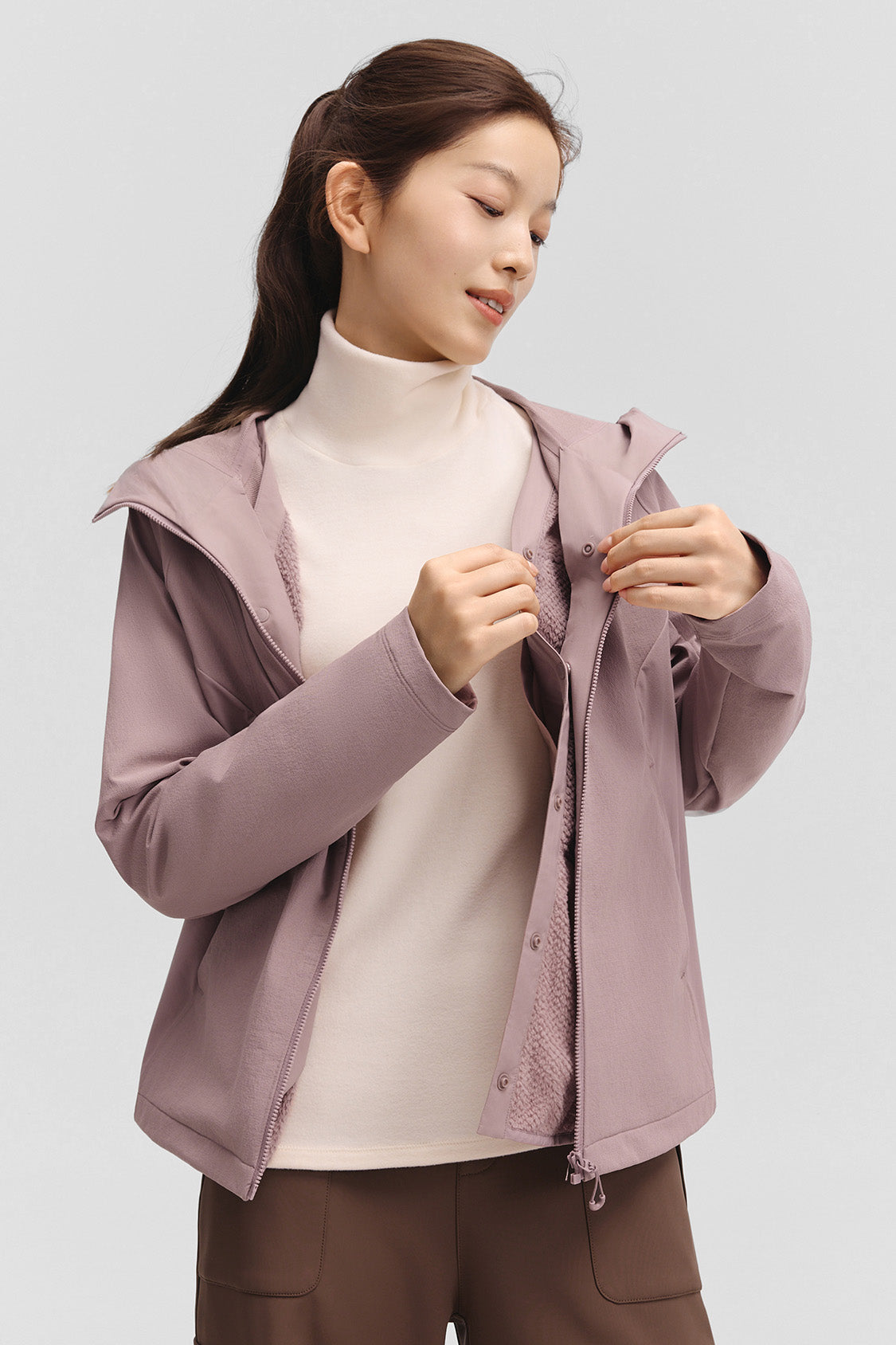 beneunder tritherm womens medium warmth 3 in 1 softshell down jacket #color_taupe