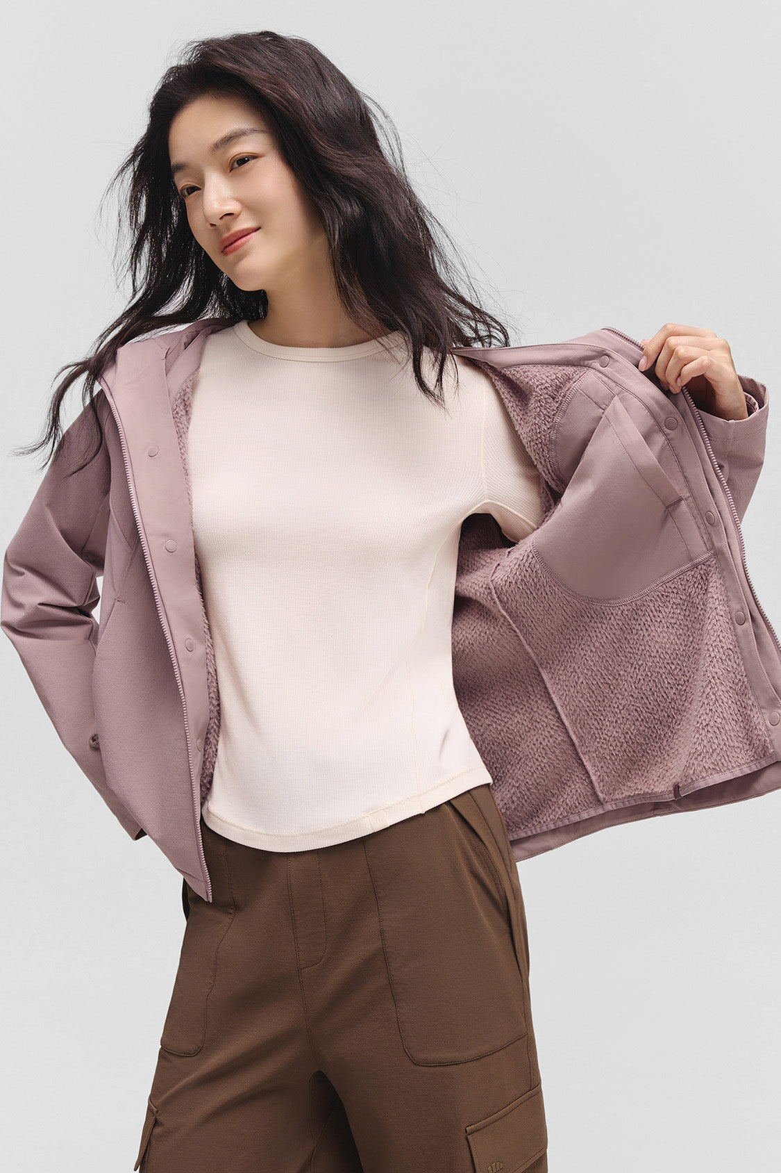 beneunder tritherm womens medium warmth 3 in 1 softshell down jacket #color_taupe