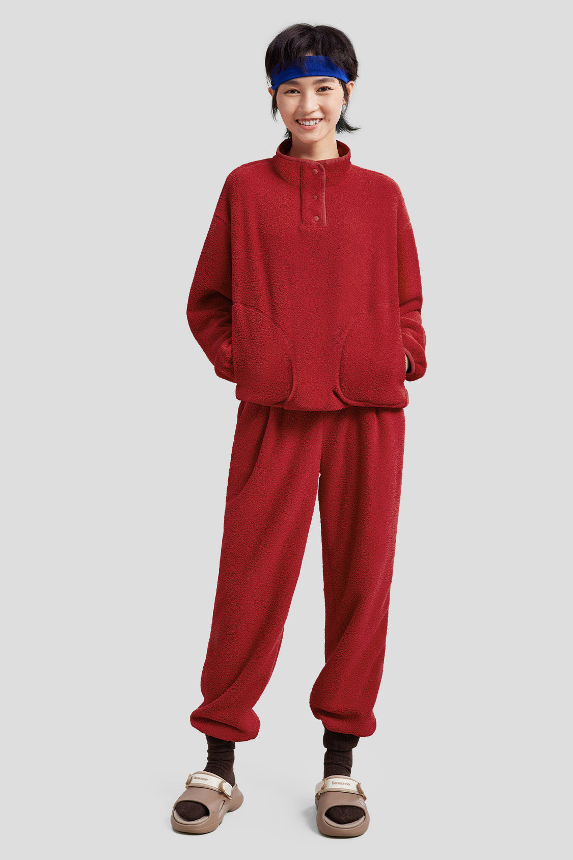 beneunder women's cozy fleece loungewear #color_brick red