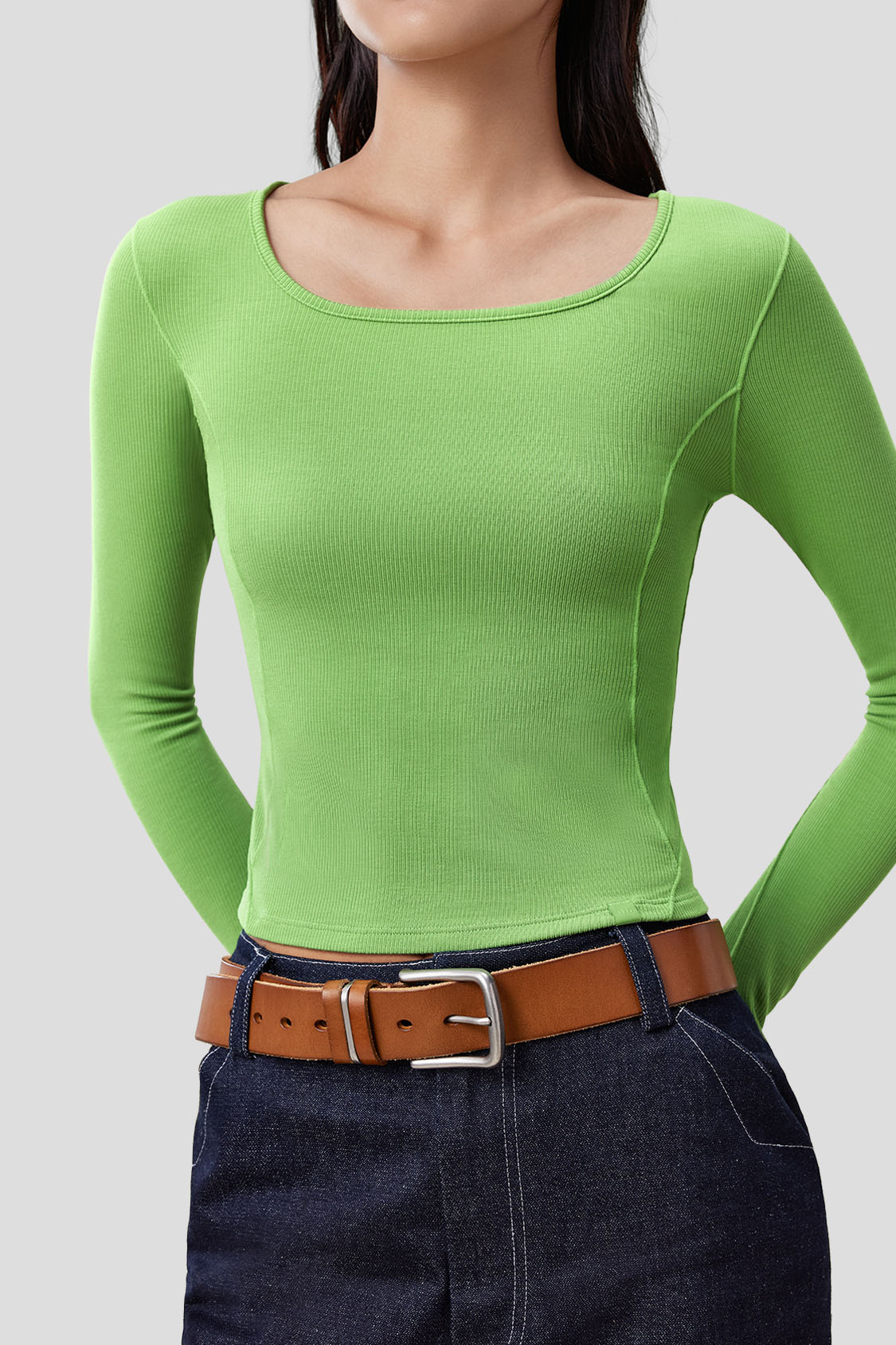 beneunder women's short u-neck skin fit long sleeve shirt #color_holly green