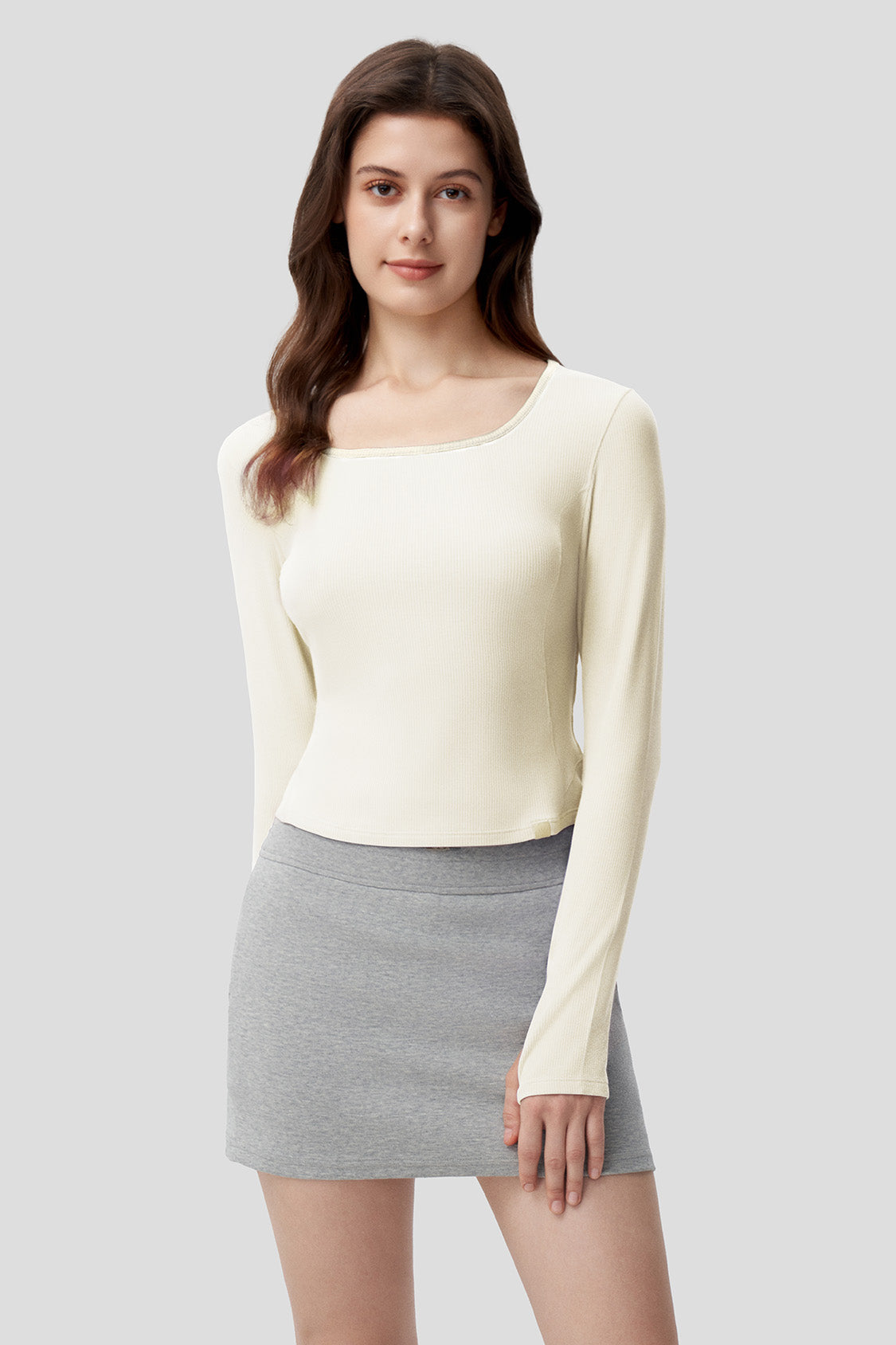 beneunder women's short u-neck skin fit long sleeve shirt #color_beige