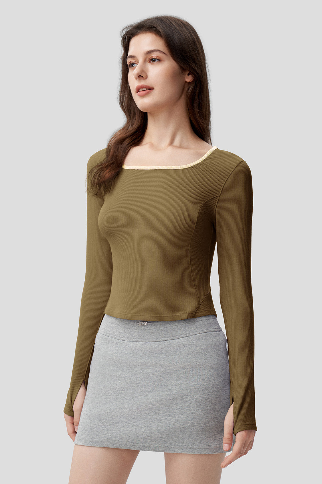 beneunder women's short u-neck skin fit long sleeve shirt #color_truffle brown