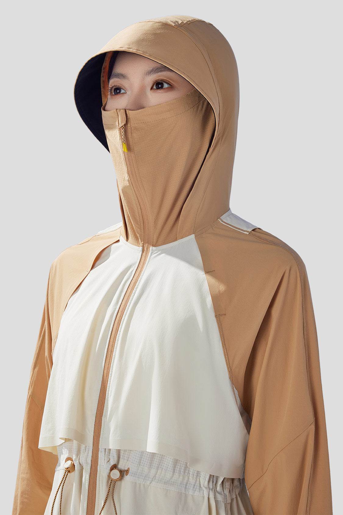 beneunder yunzi yee  women's ultra-lightweight mid-length sun protection clothing UPF50+ #color_high ridge white - coconut brown